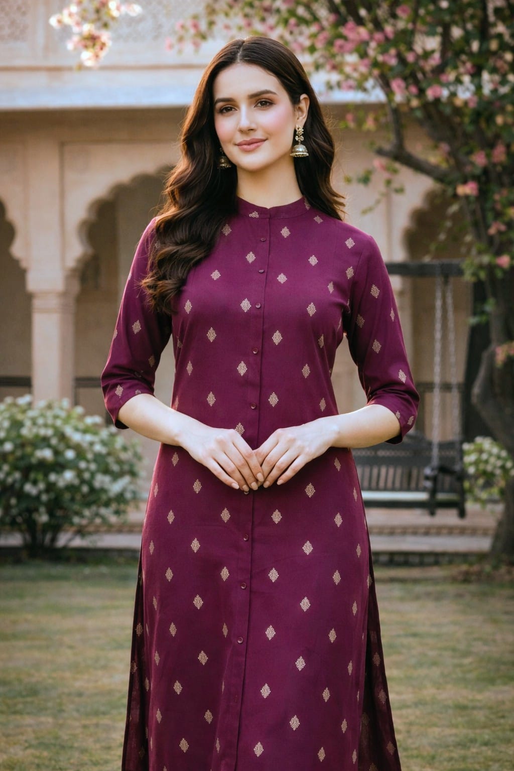 Wine Purple Muslin A-Line Coord Set with Mandarin Neck
