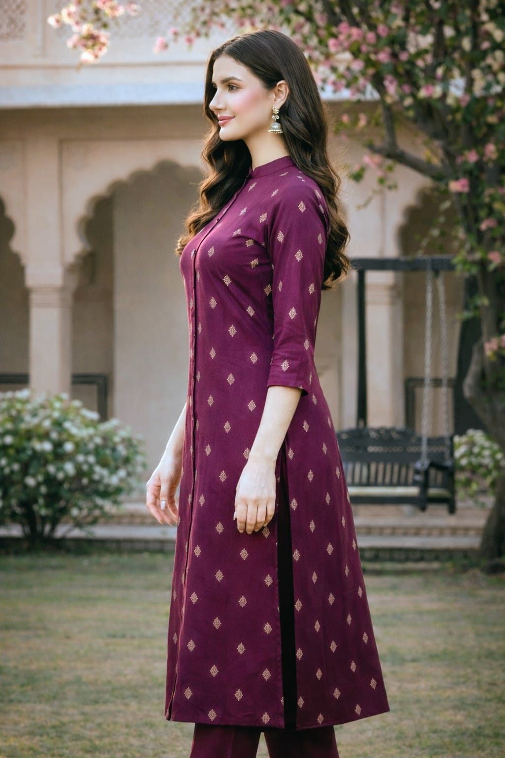 Wine Purple Muslin A-Line Coord Set with Mandarin Neck