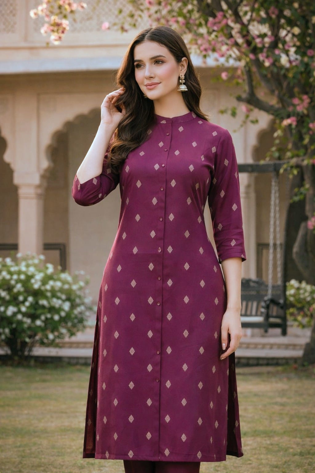 Wine Purple Muslin A-Line Coord Set with Mandarin Neck