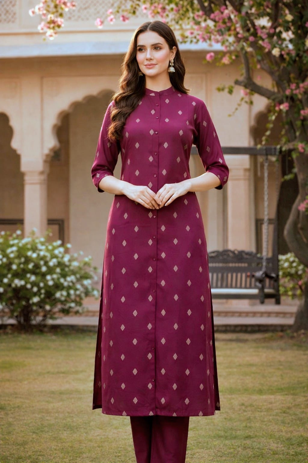 Wine Purple Muslin A-Line Coord Set with Mandarin Neck