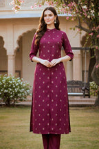 Wine Purple Muslin A-Line Coord Set with Mandarin Neck