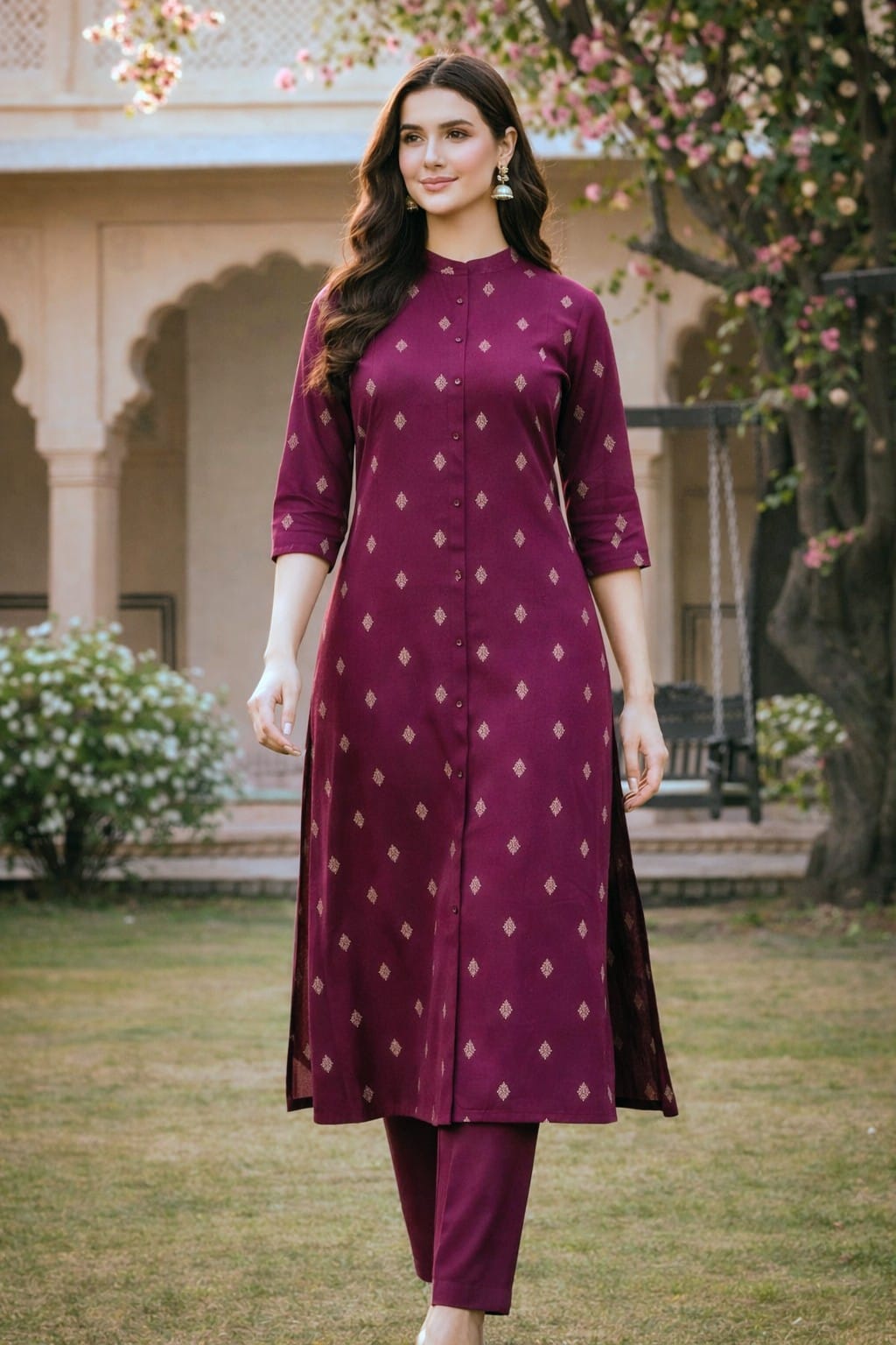 Wine Purple Muslin A-Line Coord Set with Mandarin Neck