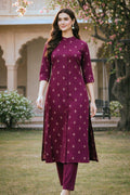 Wine Purple Muslin A-Line Coord Set with Mandarin Neck