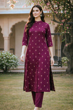 Wine Purple Muslin A-Line Coord Set with Mandarin Neck