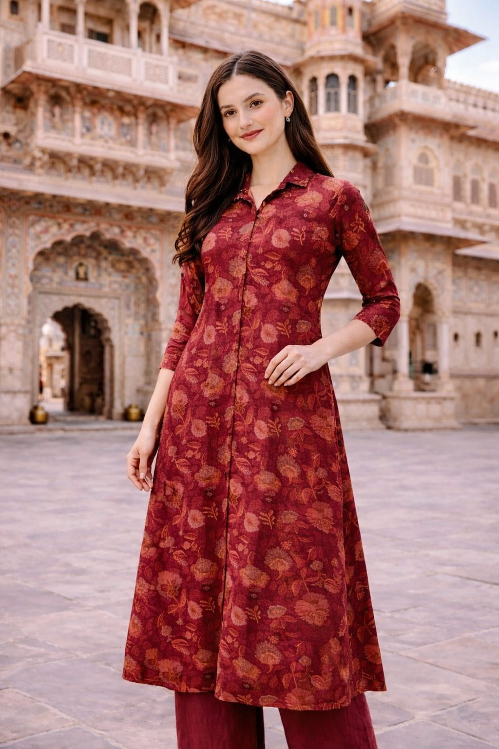 Deep Red Floral Print A-Line Coord Set with Collar Neck