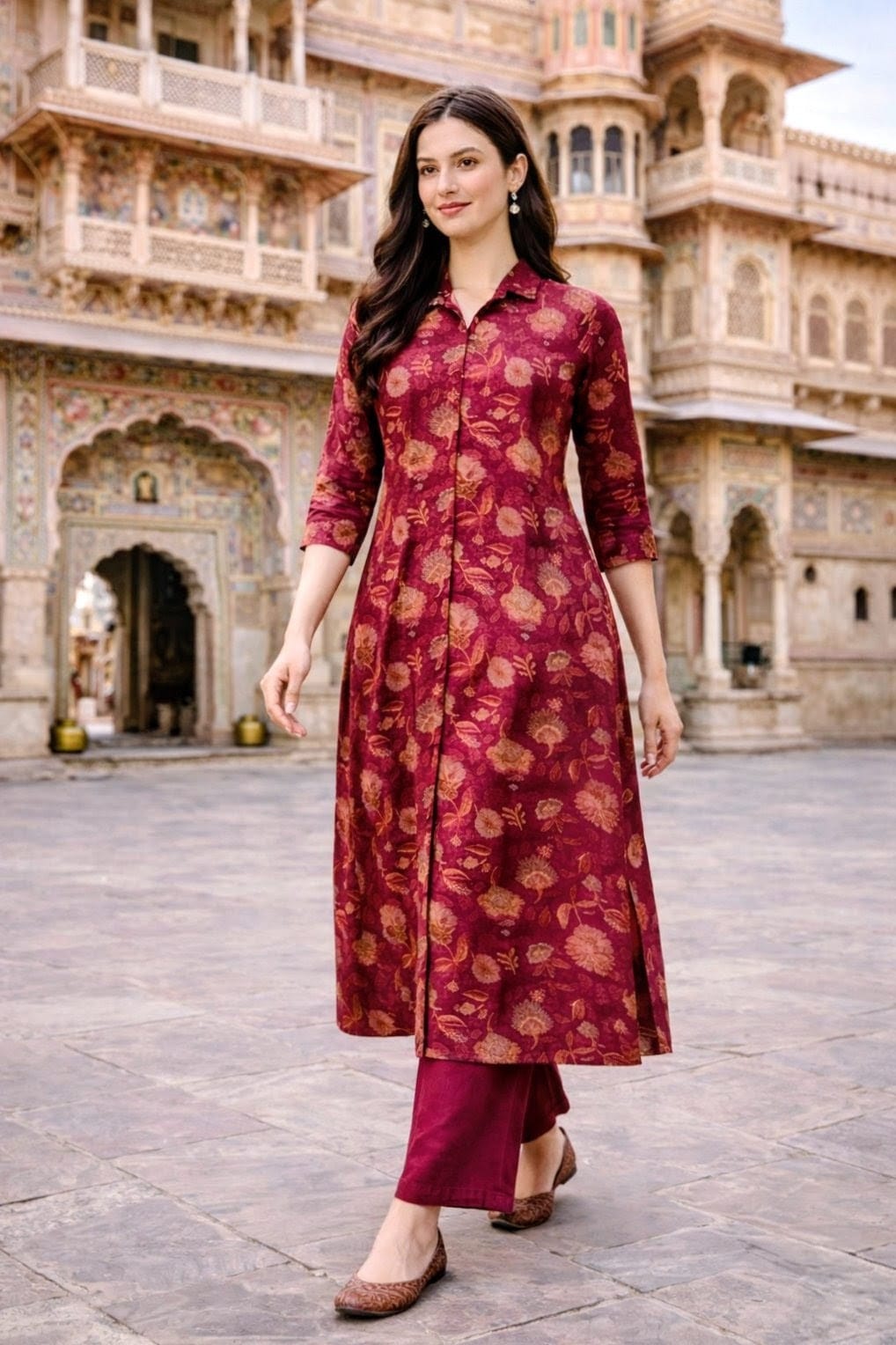 Deep Red Floral Print A-Line Coord Set with Collar Neck