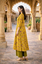 Mustard Floral Print A-Line Coord Set with Collar Neck