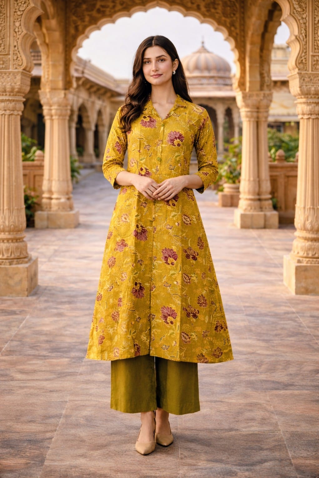 Mustard Floral Print A-Line Coord Set with Collar Neck