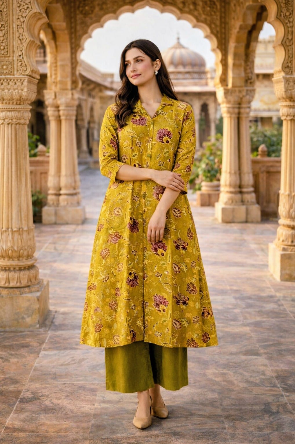 Mustard Floral Print A-Line Coord Set with Collar Neck