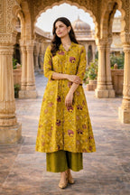 Mustard Floral Print A-Line Coord Set with Collar Neck