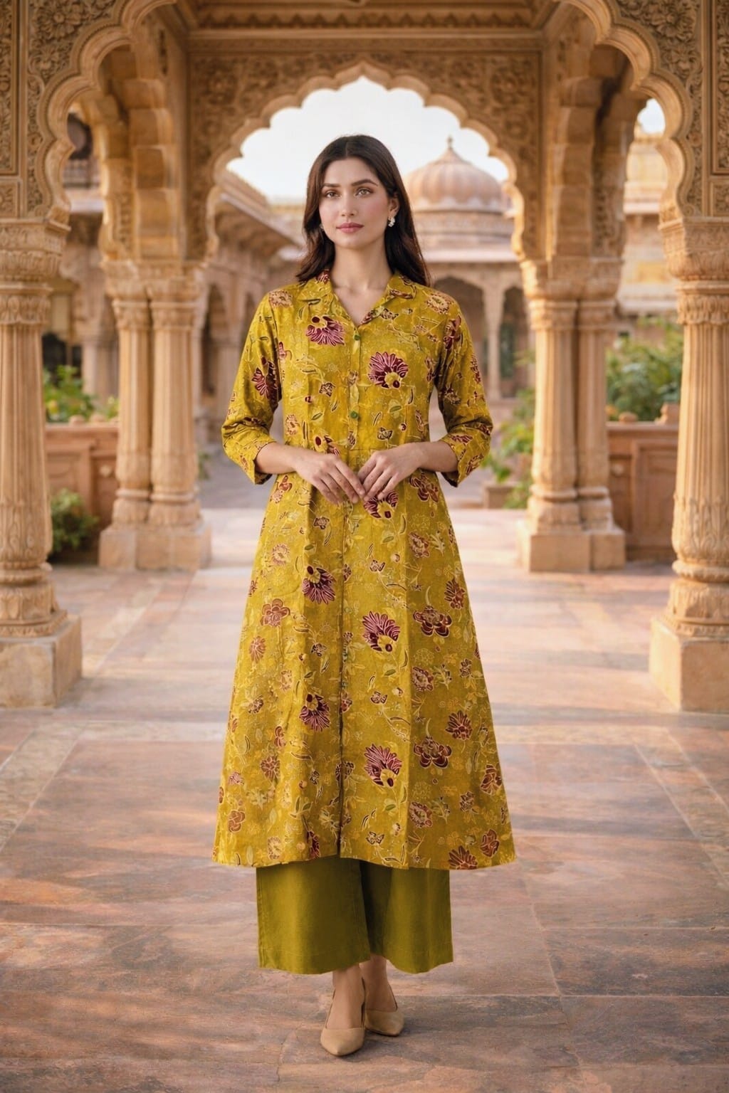Mustard Floral Print A-Line Coord Set with Collar Neck
