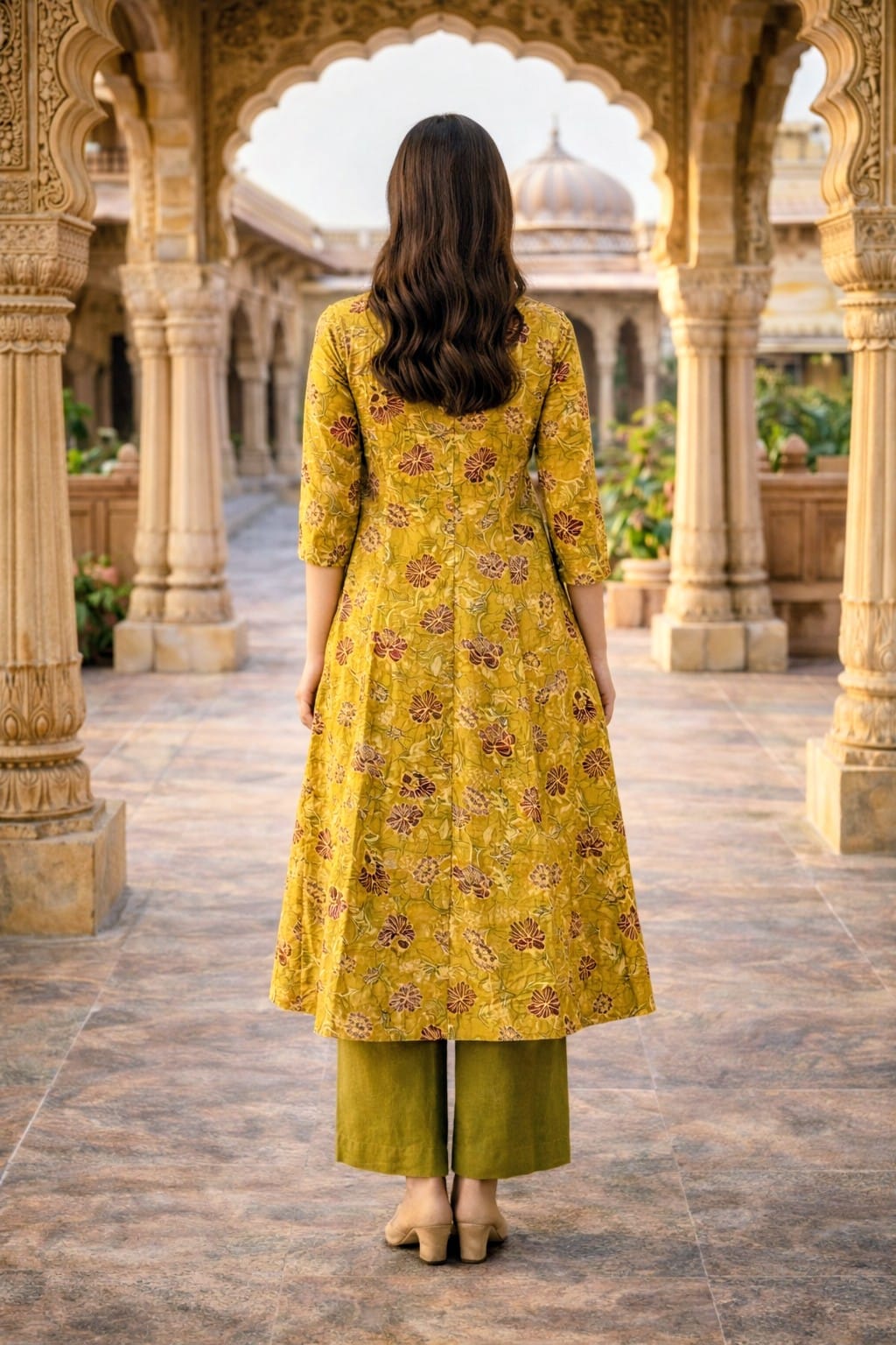 Mustard Floral Print A-Line Coord Set with Collar Neck