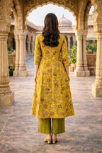 Mustard Floral Print A-Line Coord Set with Collar Neck