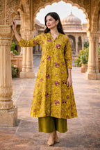Mustard Floral Print A-Line Coord Set with Collar Neck