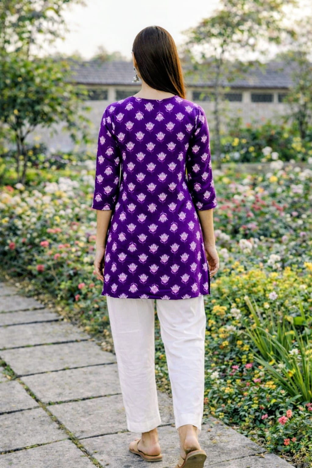 Premium 60-60 Cotton Fabric Purple multicolour Floral printed short kurti for women