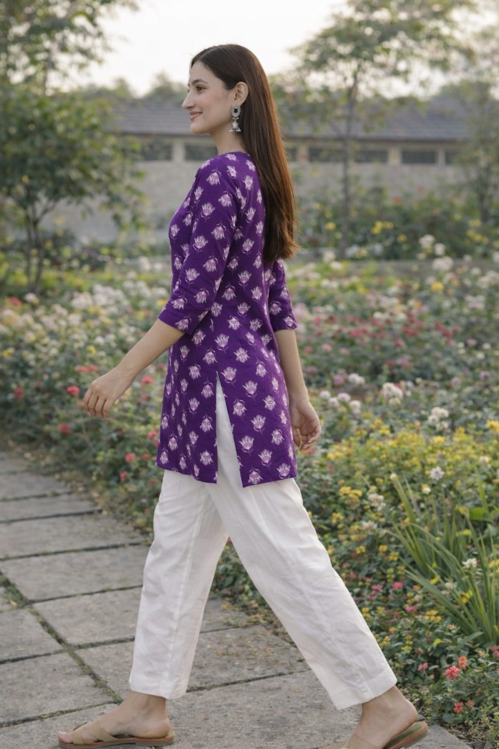 Premium 60-60 Cotton Fabric Purple multicolour Floral printed short kurti for women