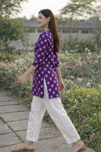 Premium 60-60 Cotton Fabric Purple multicolour Floral printed short kurti for women
