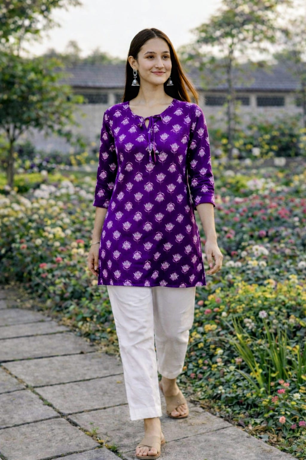 Premium 60-60 Cotton Fabric Purple multicolour Floral printed short kurti for women