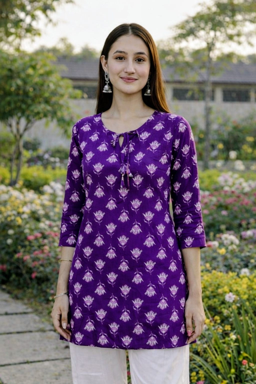 Premium 60-60 Cotton Fabric Purple multicolour Floral printed short kurti for women