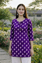 Premium 60-60 Cotton Fabric Purple multicolour Floral printed short kurti for women