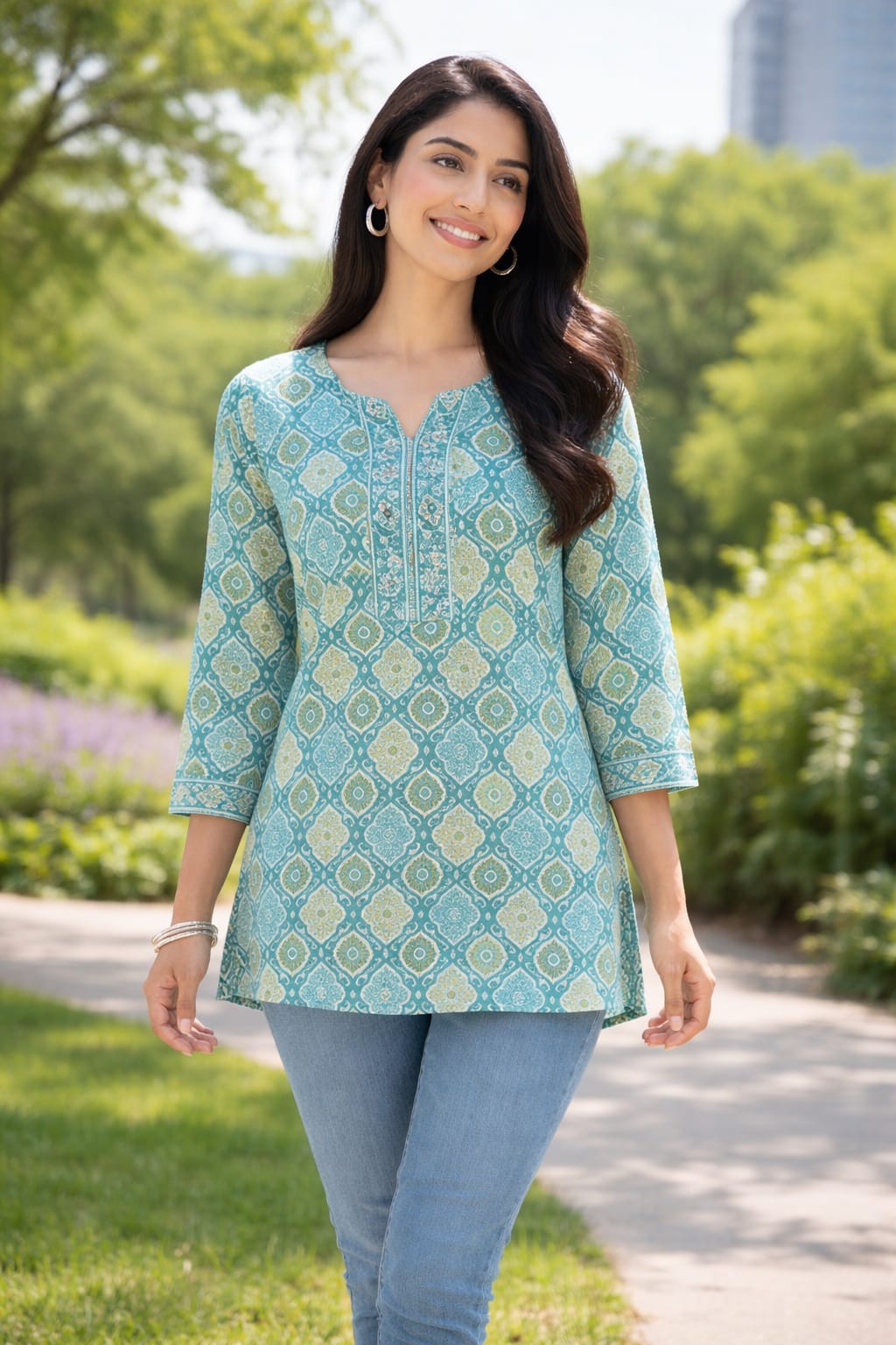 Premium 60-60 Cotton Fabric Green multicolour  printed short kurti for women