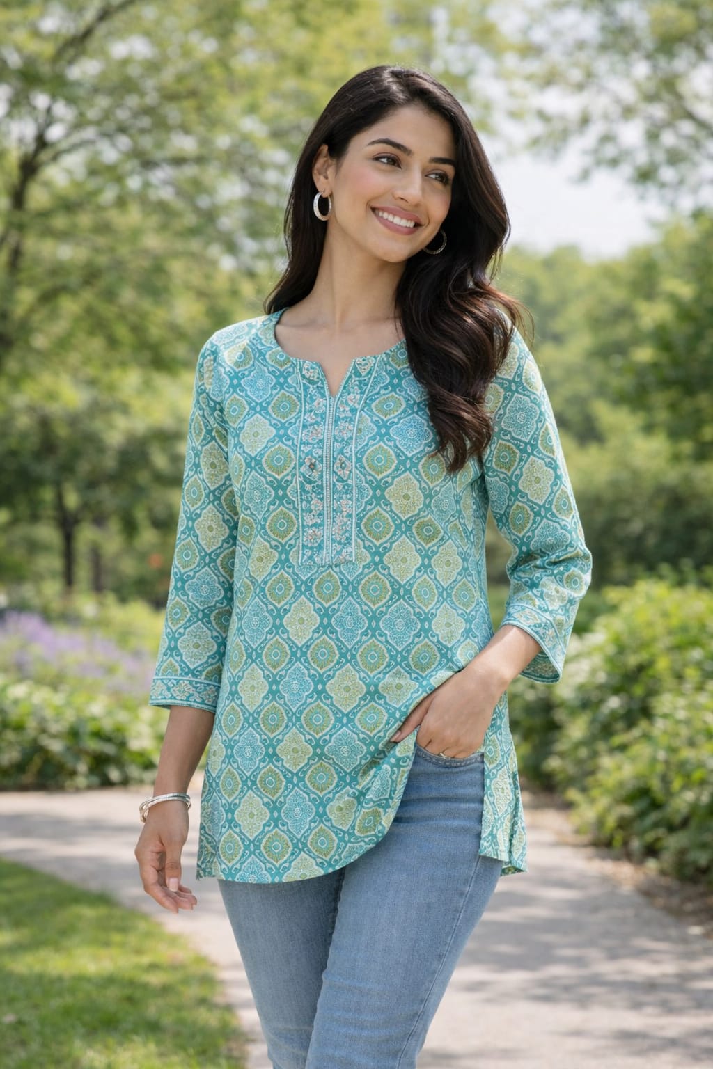 Premium 60-60 Cotton Fabric Green multicolour  printed short kurti for women