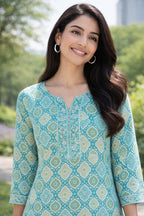 Premium 60-60 Cotton Fabric Green multicolour  printed short kurti for women