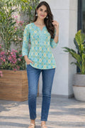 Premium 60-60 Cotton Fabric Green multicolour  printed short kurti for women