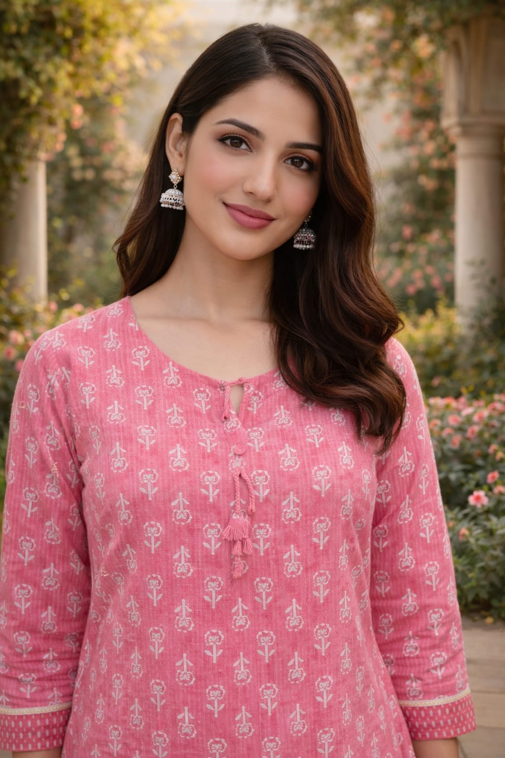 Premium 60-60 Cotton Fabric Pink Handblock printed short kurti for women