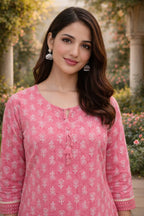 Premium 60-60 Cotton Fabric Pink Handblock printed short kurti for women