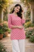 Premium 60-60 Cotton Fabric Pink Handblock printed short kurti for women