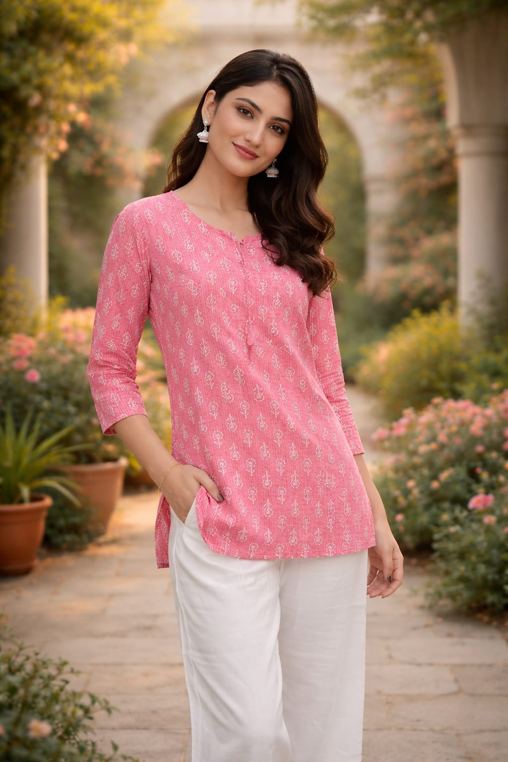 Premium 60-60 Cotton Fabric Pink Handblock printed short kurti for women