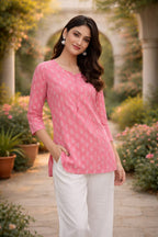 Premium 60-60 Cotton Fabric Pink Handblock printed short kurti for women