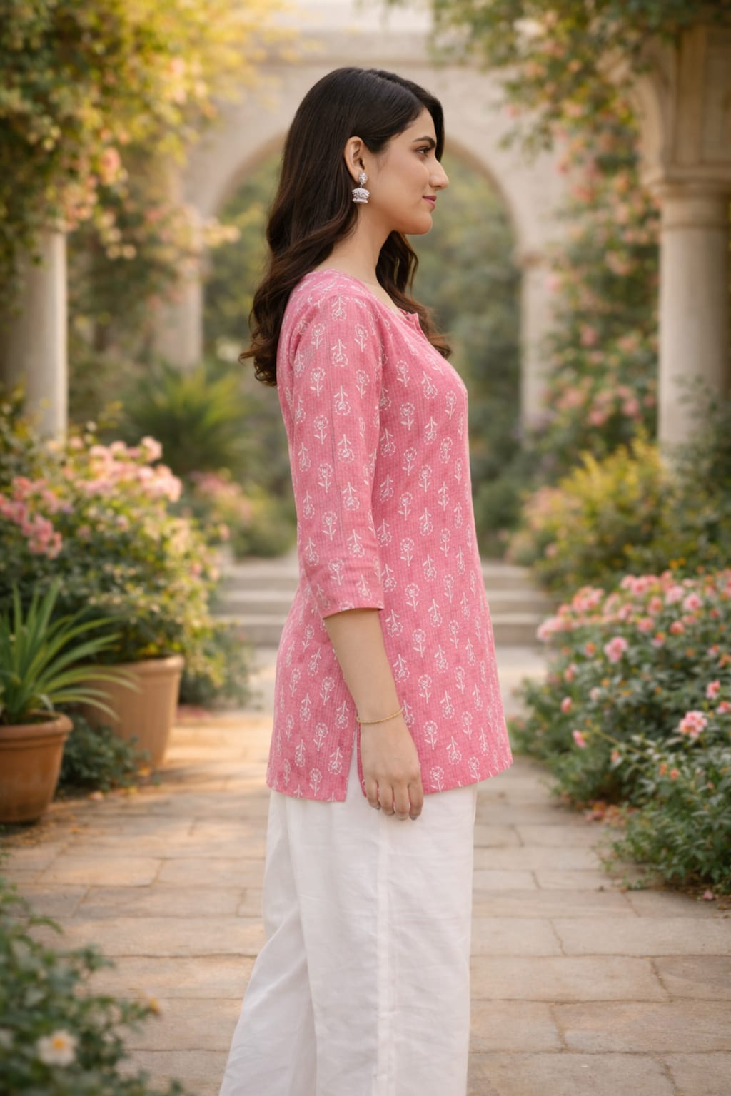 Premium 60-60 Cotton Fabric Pink Handblock printed short kurti for women