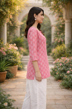 Premium 60-60 Cotton Fabric Pink Handblock printed short kurti for women