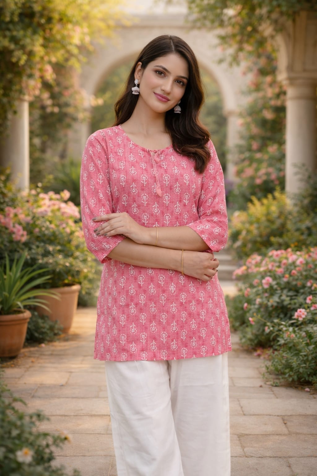 Premium 60-60 Cotton Fabric Pink Handblock printed short kurti for women