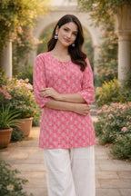 Premium 60-60 Cotton Fabric Pink Handblock printed short kurti for women
