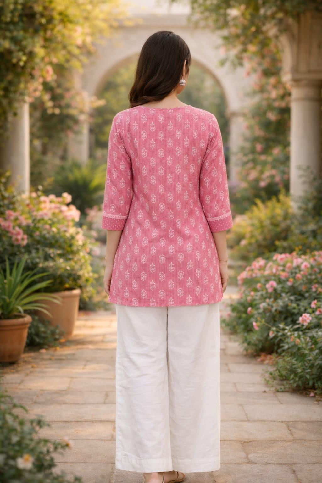 Premium 60-60 Cotton Fabric Pink Handblock printed short kurti for women