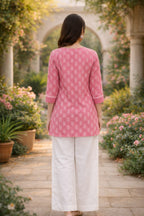 Premium 60-60 Cotton Fabric Pink Handblock printed short kurti for women