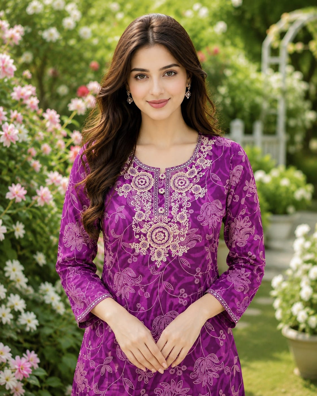 Purple Embroidered Floral printed Straight 3 pcs Kurta set with Sequin handwork for women
