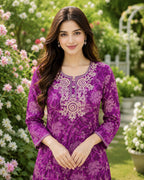 Purple Embroidered Floral printed Straight 3 pcs Kurta set with Sequin handwork for women