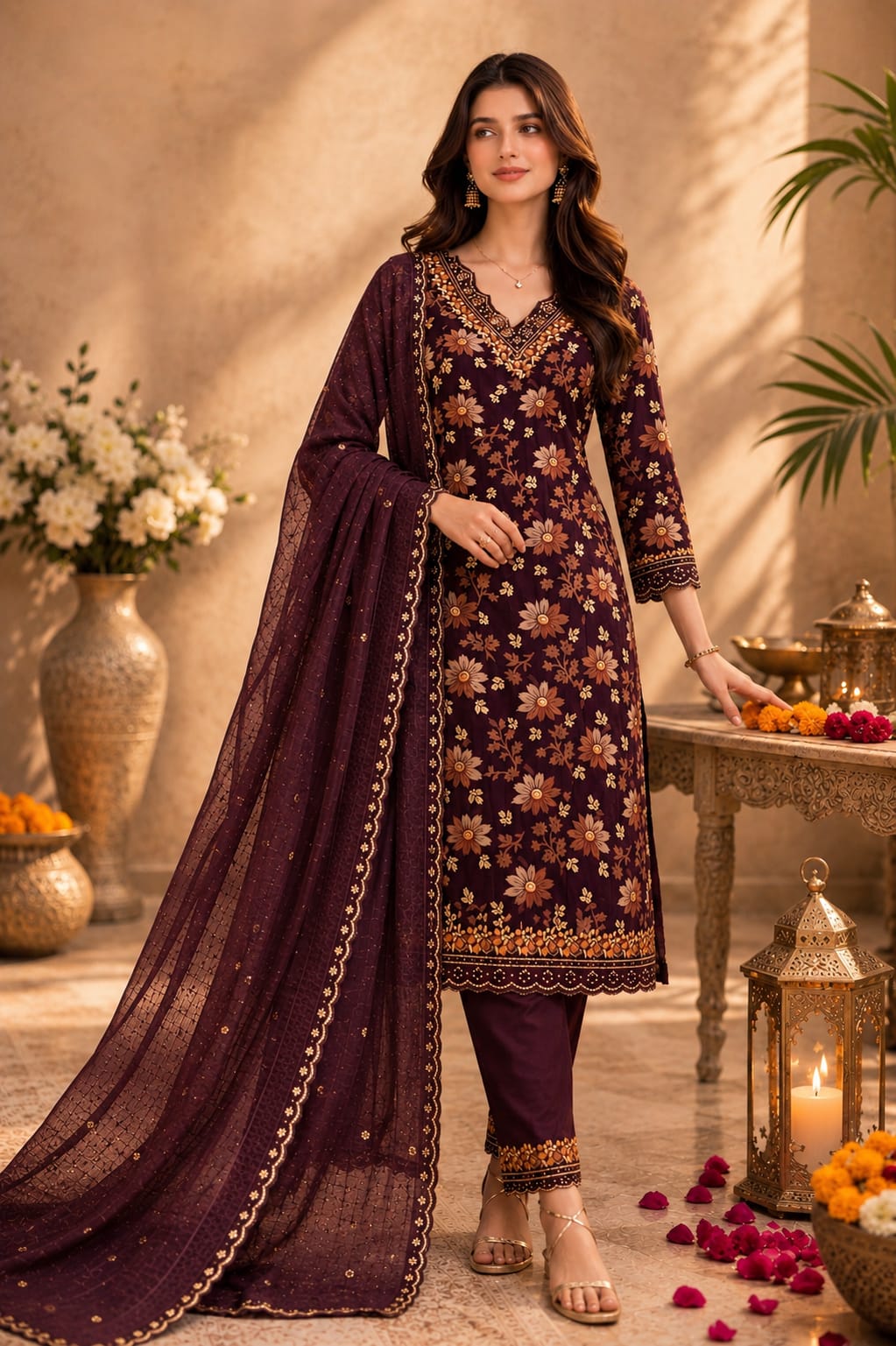 Women’s Pure Cotton Printed Kurta Pant Set with Mul Chanderi Dupatta | Embroidered sequin V-Neck Kurta | Ethnic Floral Kurta Set for Women