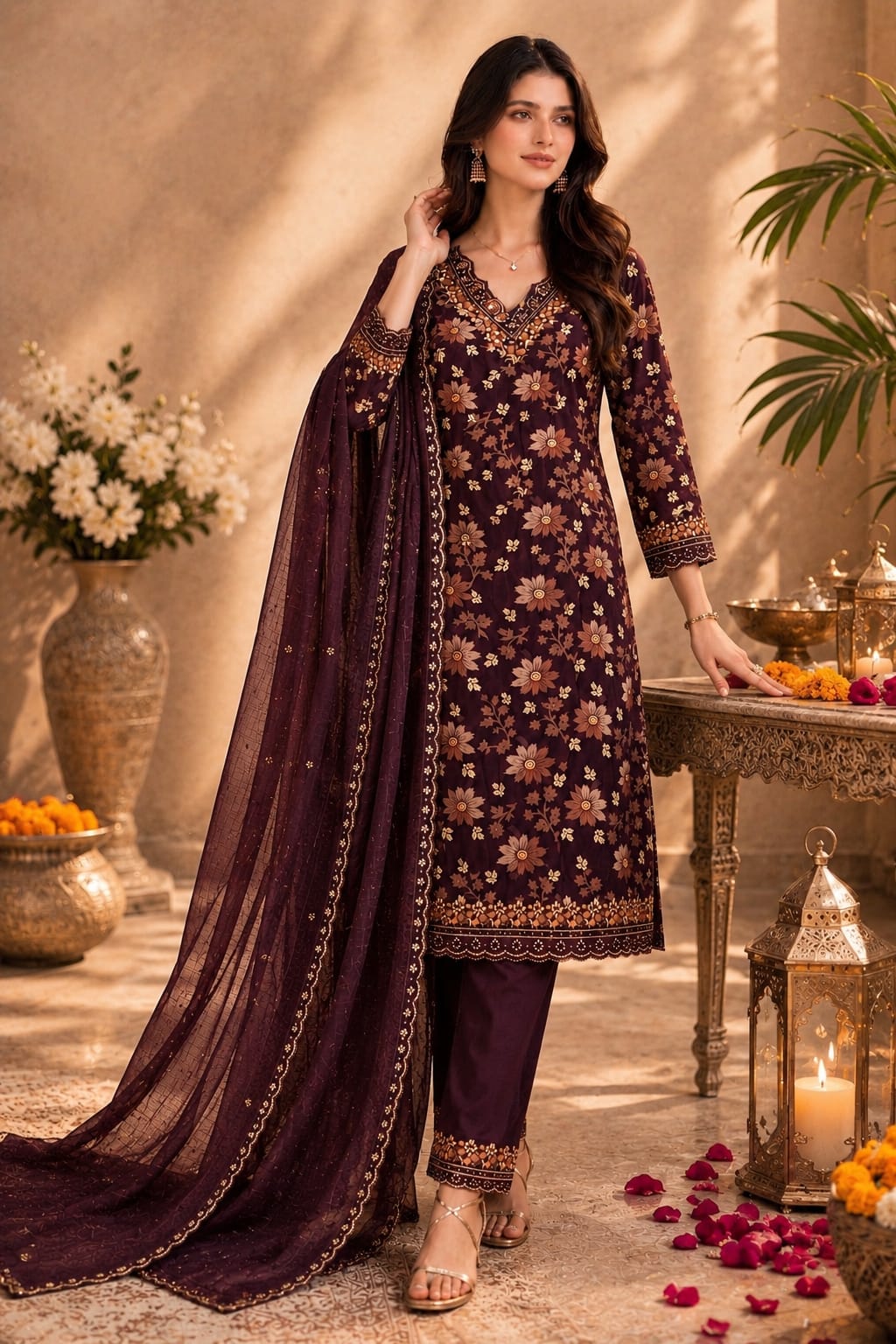 Women’s Pure Cotton Printed Kurta Pant Set with Mul Chanderi Dupatta | Embroidered sequin V-Neck Kurta | Ethnic Floral Kurta Set for Women