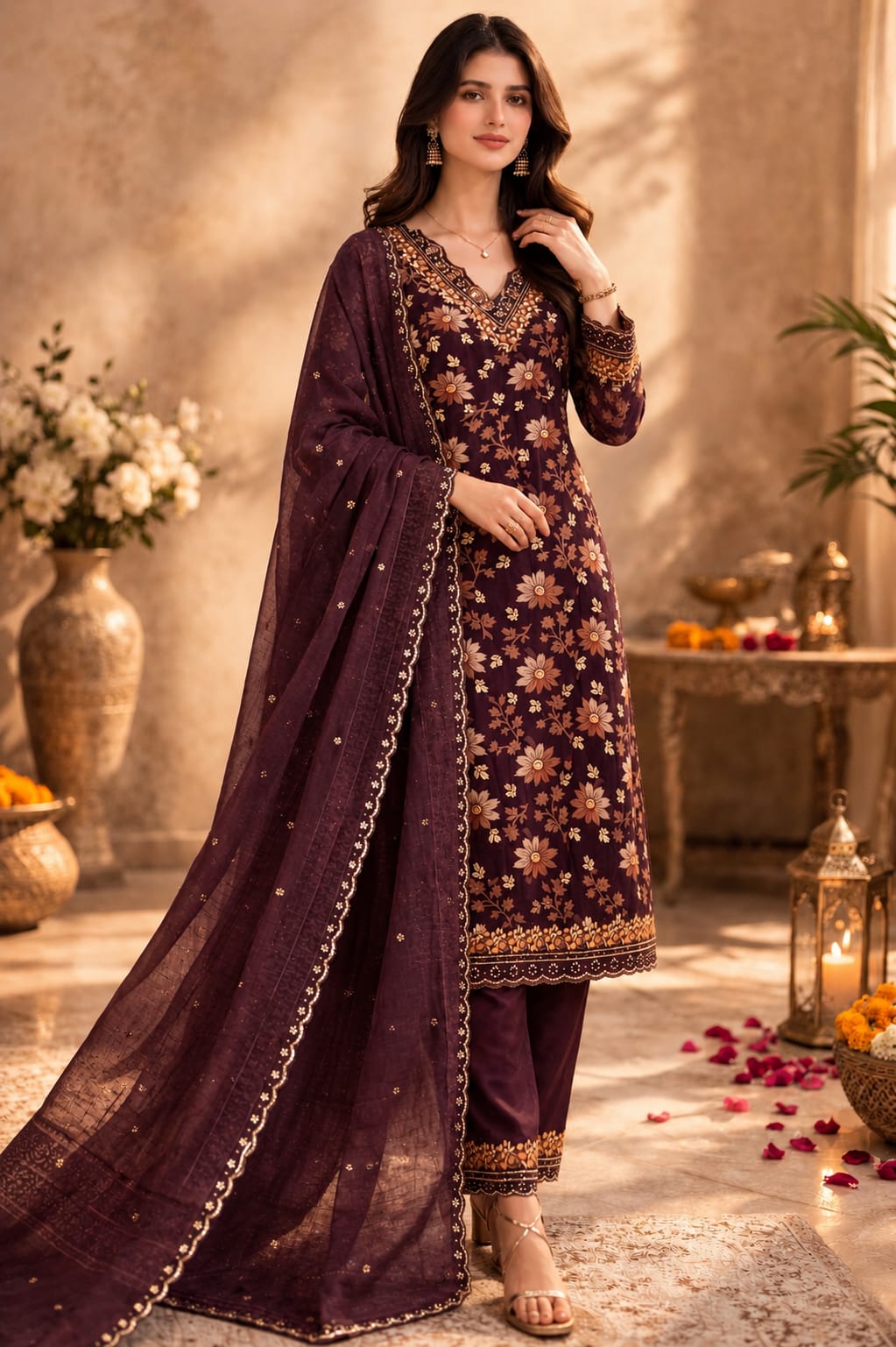 Women’s Pure Cotton Printed Kurta Pant Set with Mul Chanderi Dupatta | Embroidered sequin V-Neck Kurta | Ethnic Floral Kurta Set for Women