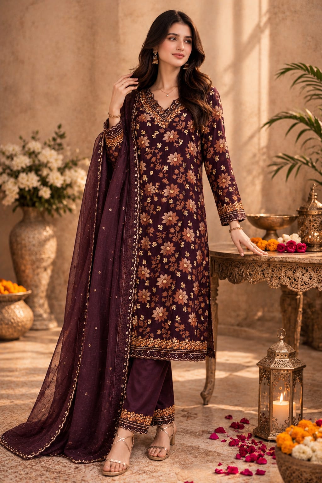 Women’s Pure Cotton Printed Kurta Pant Set with Mul Chanderi Dupatta | Embroidered sequin V-Neck Kurta | Ethnic Floral Kurta Set for Women