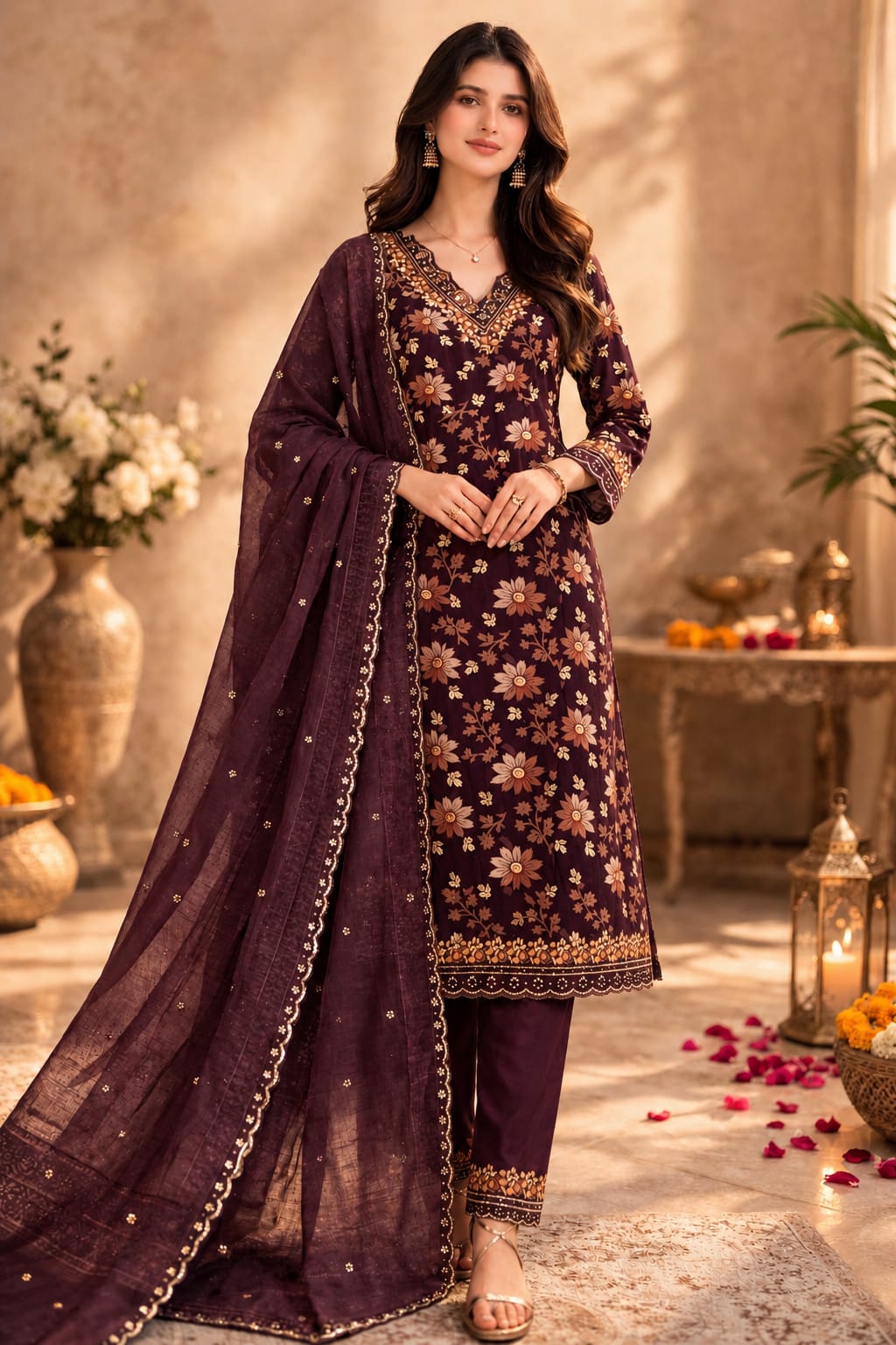 Women’s Pure Cotton Printed Kurta Pant Set with Mul Chanderi Dupatta | Embroidered sequin V-Neck Kurta | Ethnic Floral Kurta Set for Women