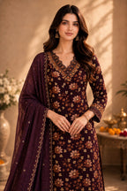 Women’s Pure Cotton Printed Kurta Pant Set with Mul Chanderi Dupatta | Embroidered sequin V-Neck Kurta | Ethnic Floral Kurta Set for Women