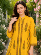 Yellow Handblock printed Straight 3 pcs Kurta set for women with Sequin handwork detailing on neckline