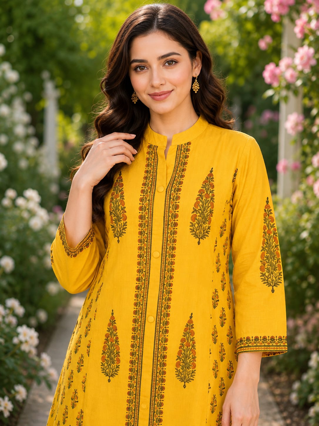 Yellow Handblock printed Straight 3 pcs Kurta set for women with Sequin handwork detailing on neckline
