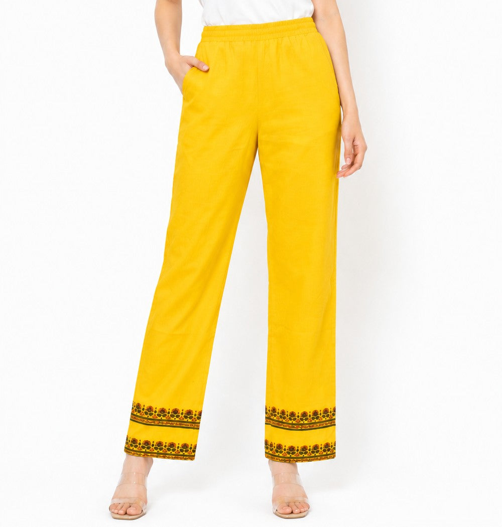 Yellow Handblock printed Straight 3 pcs Kurta set for women with Sequin handwork detailing on neckline